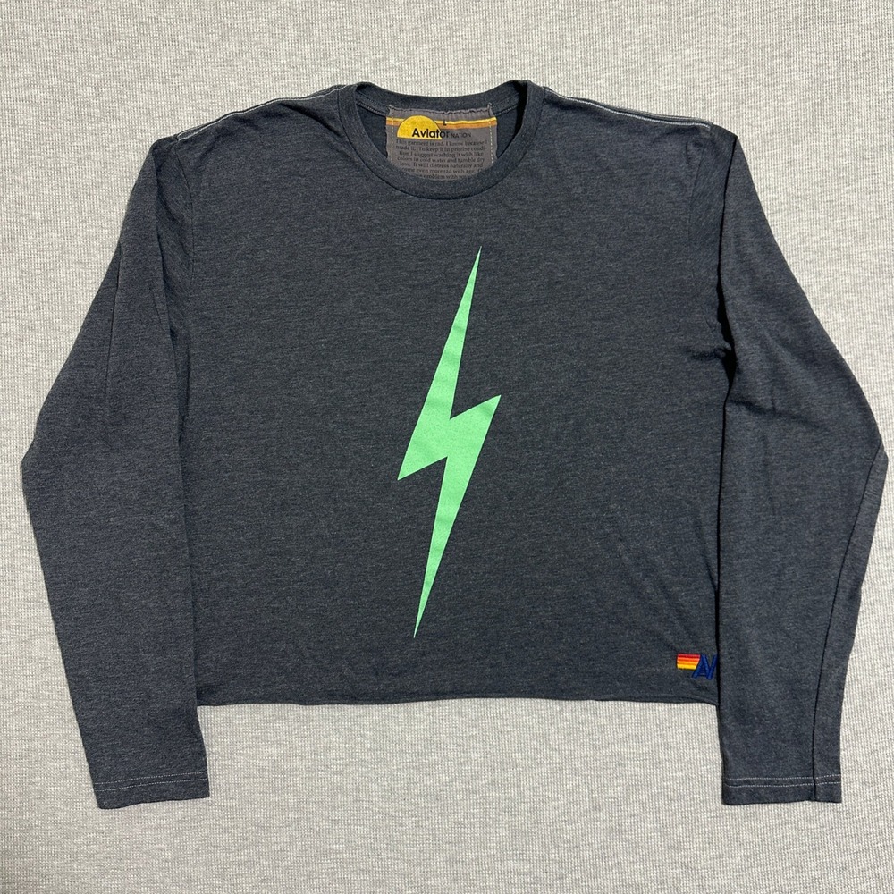 Aviator Nation Charcoal Gray Green Lightning Bolt Cropped Long Sleeve Tee Large